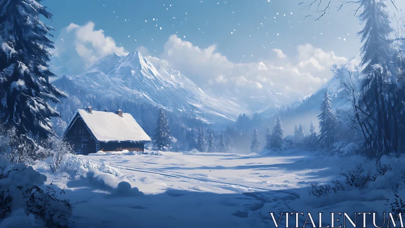 Silent cabin dreaming beneath snowfall and blue mountain hush.