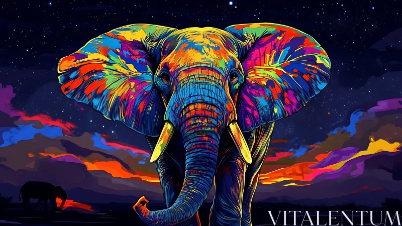 Radiant rainbow elephant glowing under a starry twilight sky.