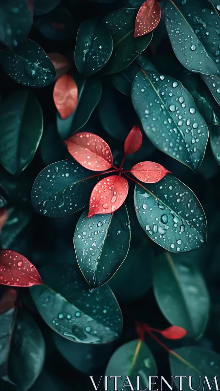 Scarlet leaves with raindrops amid deep teal foliage.