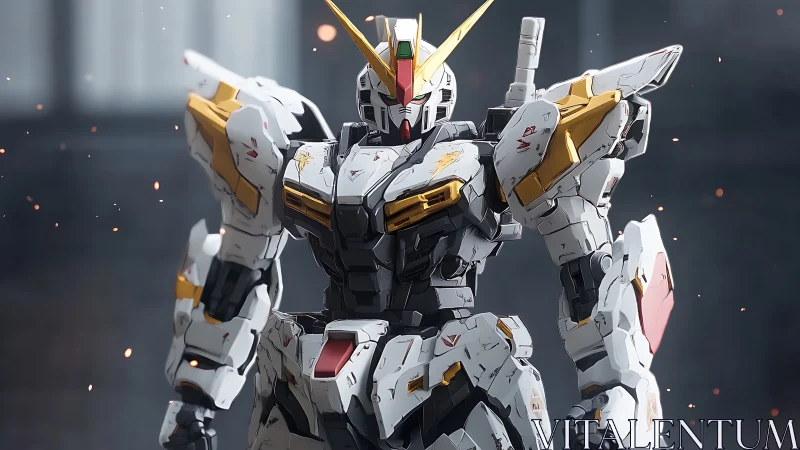 Mecha combat unit in white armor with cinematic sparks.