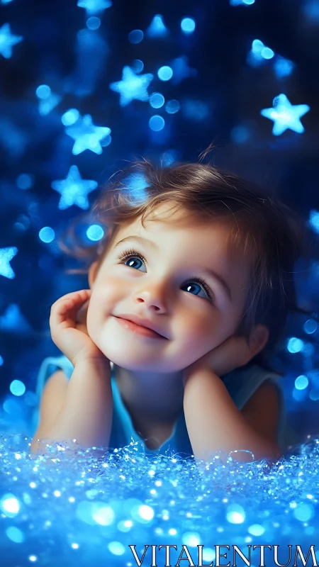 Wonder-filled child gazes upward surrounded by magical glowing stars