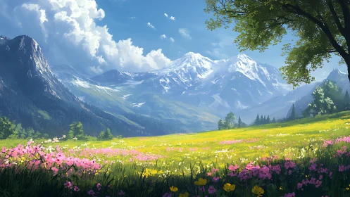 Alpine wildflower meadow under crisp snowcapped peaks.