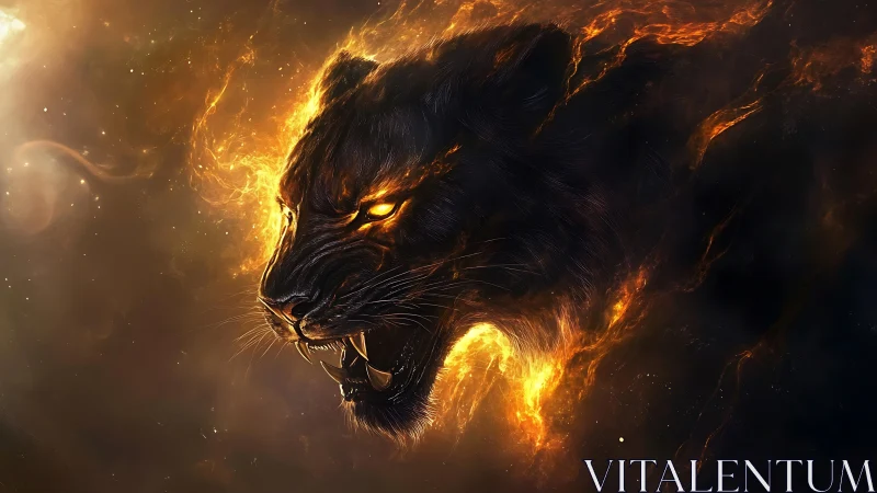 Panther head formed from molten fire in deep space cloud