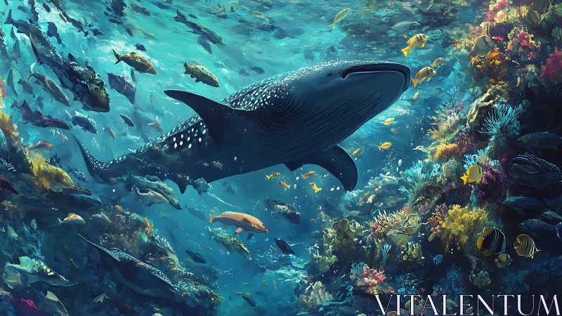 Whale shark glides through vibrant coral reef ecosystem