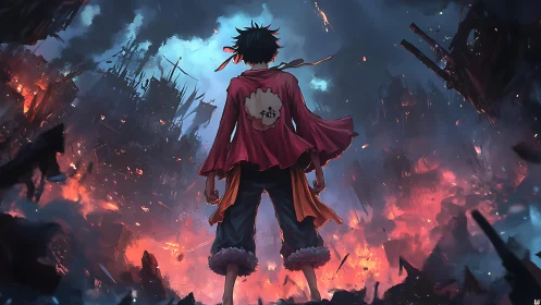 Lone anime hero overlooks burning ruined cityscape at dusk.