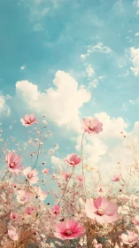 Pink Cosmos Flowers Against Luminous Turquoise Sky With White Clouds