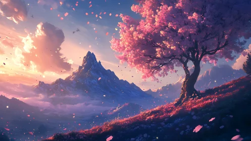 Blossom-covered hillside watching over a dreamy sunset peak.