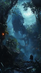 Armored explorer approaching crashed ship in alien jungle.
