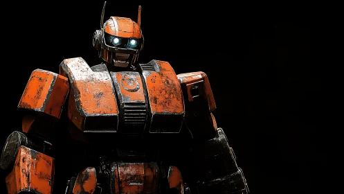 Battle-worn orange mech grinning into the void of space.