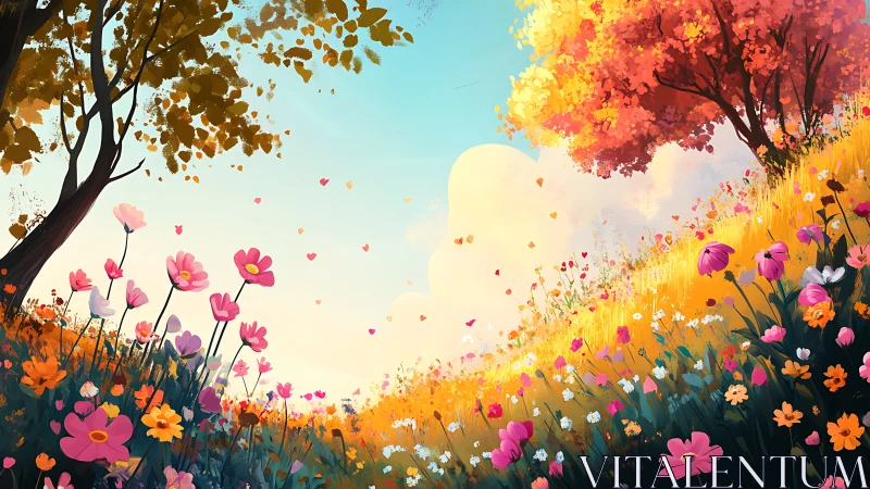 Sunlit hillside meadow where autumn and spring gently meet.