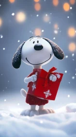Joyful cartoon dog shares a snowy holiday gift moment