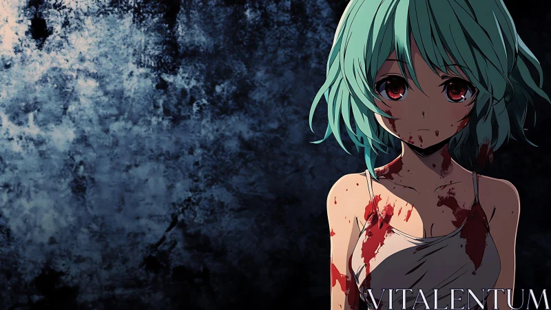 Bloodstained teal‑haired anime girl in high‑contrast chiaroscuro.