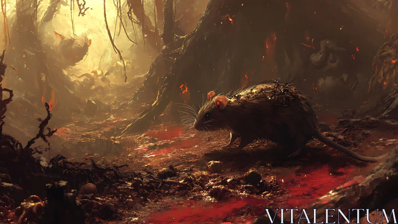 Solitary rat crosses a blood-red path in infernal forest