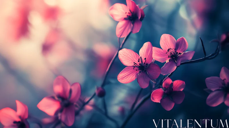 Pink Cherry Blossom Clusters with Selective Focus Bokeh Background