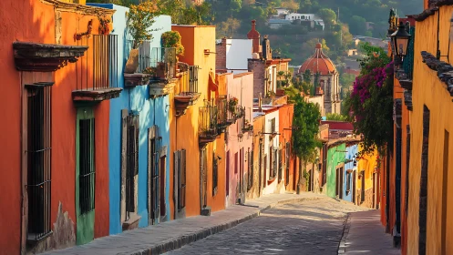 Color-saturated colonial street in steep morning perspective view
