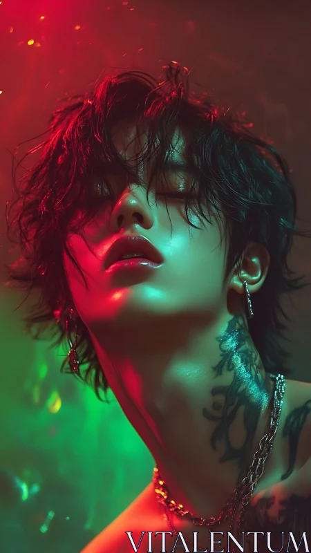Dreamy neon portrait of a tattooed soul in glowing light.