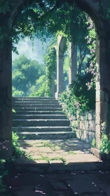 Sunlit stone stairway winds through overgrown garden arch