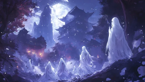 Moonlit spirits ascending through misty temple valley.