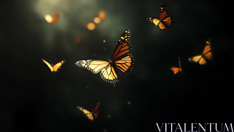 Monarch butterflies drift through dark glowing bokeh haze
