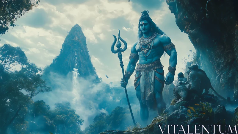 Mythic blue deity surveying mist-charged mountain valley.