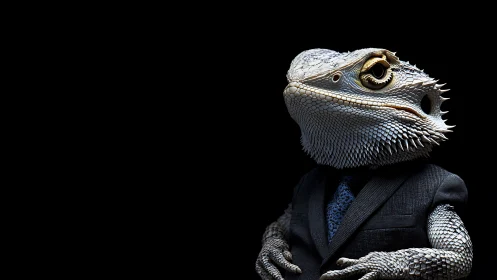 Suited lizard portrait against stark black background.