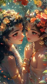 Blossom-crowned sisters glow in jeweled, sunlit whispers.