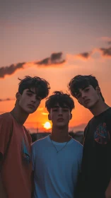 Sunset glow around three thoughtful friends at golden hour.