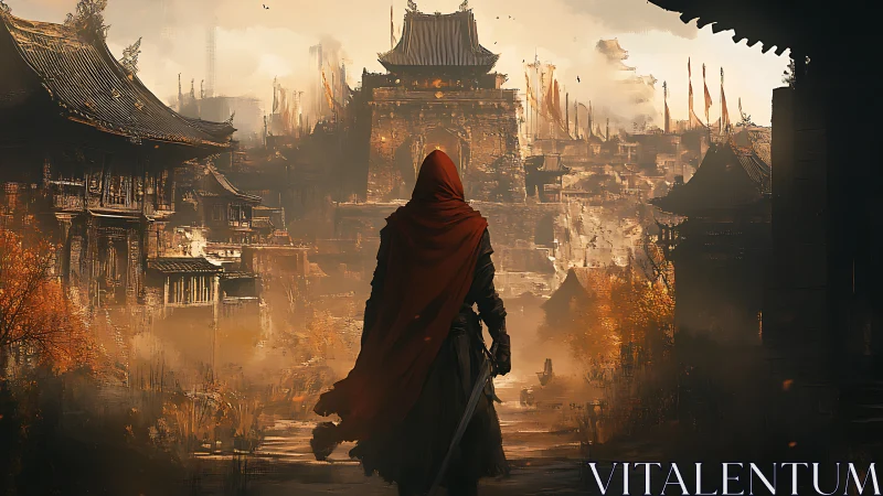 Hooded swordsman approaches weathered feudal city in hazy autumn light