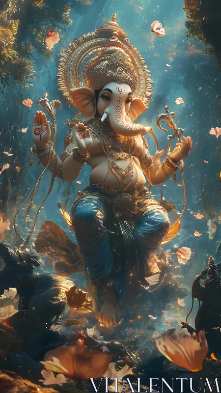 Divine Ganesha figure in ornate forest setting artwork.