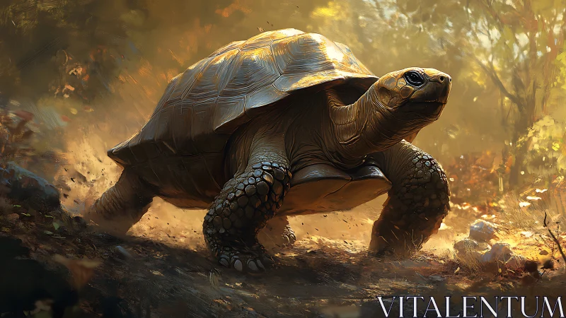 Tortoise moving through sunlit forest floor environment.
