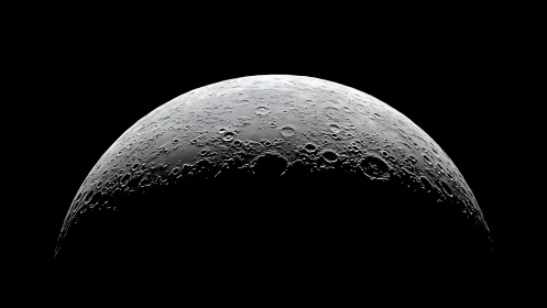 Lunar surface crescent with detailed craters in shadowed space.