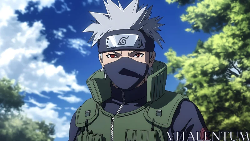 Masked silver-haired ninja under bright daytime sky.