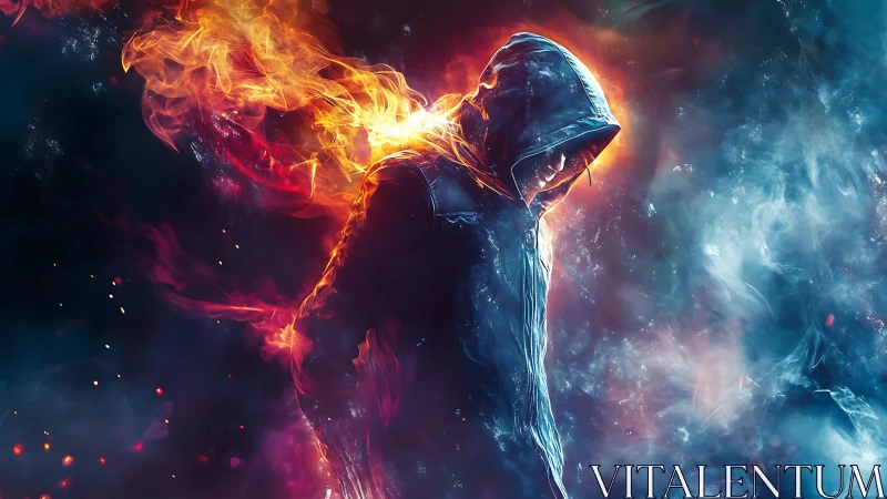 Hooded emberwalker between raging fire and frozen mist.