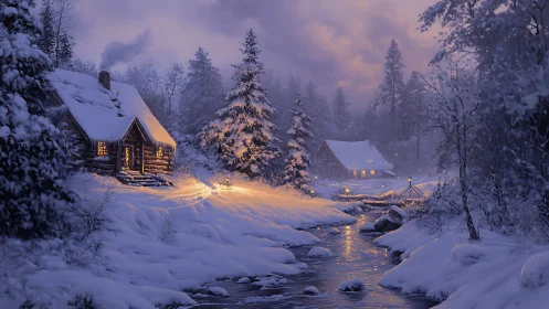 Nocturnal winter cabins with luminous creek reflections.