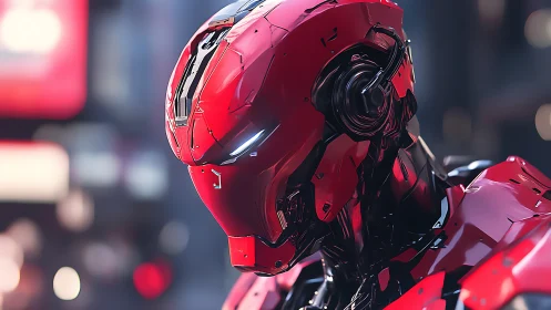 Red humanoid combat robot in urban night environment.