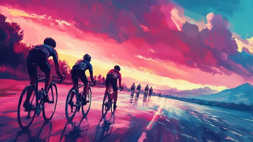 Dynamic peloton under neon sunset sky, digital painting panorama.