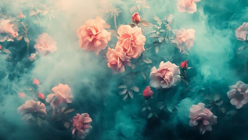 Soft pink roses drift in dreamy teal mist and gentle light
