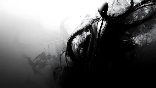 Tall faceless figure in suit emerges from black abstract mass