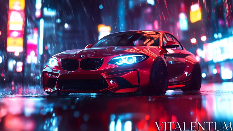 Neon rain crowns the crimson BMW as it stalks the city