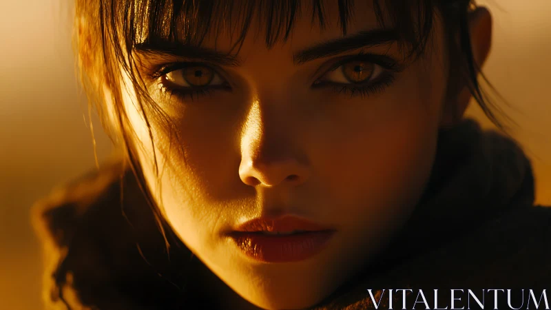 Close portrait shows intense gaze under warm side lighting