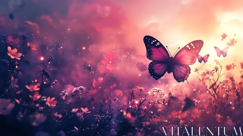 Backlit magenta butterfly in shallow-depth wildflower bokeh field