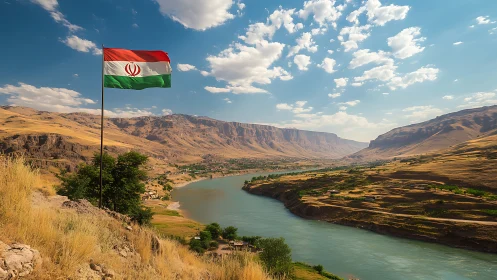 Iranian flag over winding river valley and rugged mountains.