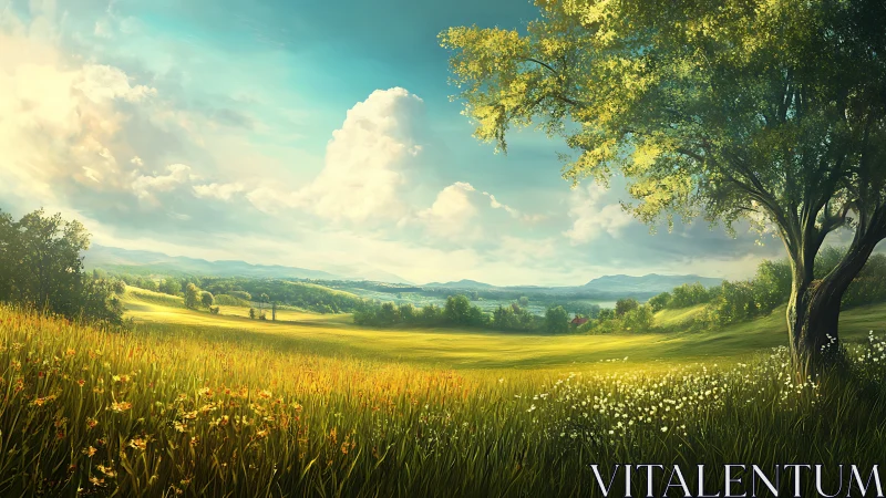 Sunlit meadow panorama with lone tree and distant hills