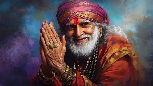 Smiling elder mystic in vibrant robes with folded hands.