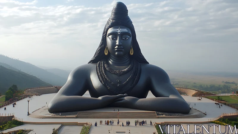 Large seated Shiva statue dominates open landscape setting