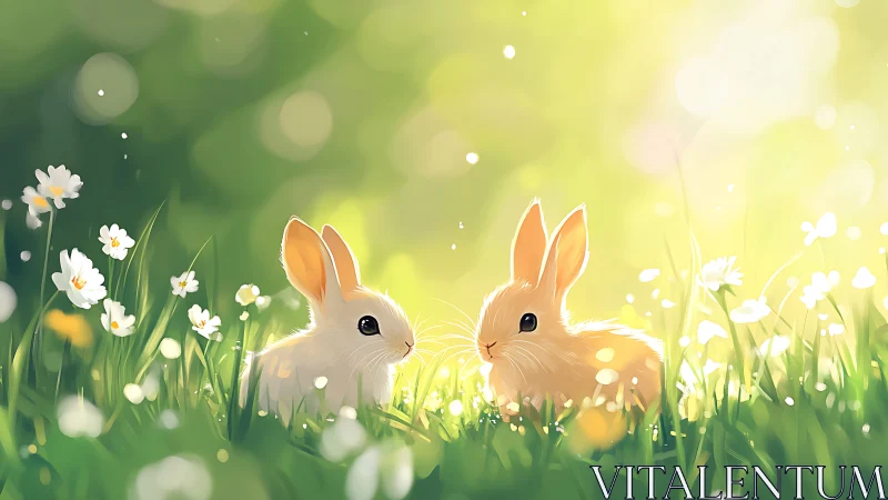 Two small rabbits sit in illuminated spring meadow