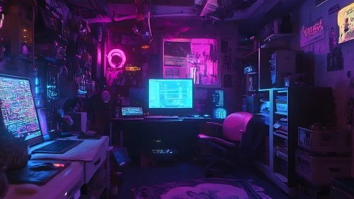 Neon-lit hacker workstation glows inside a cramped cyber den