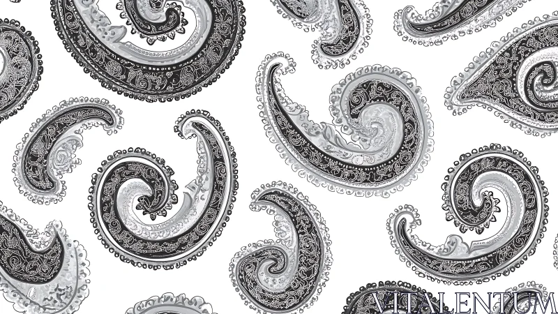 Intricate monochrome paisley motifs in swirling repeat pattern.