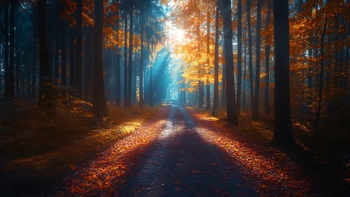 Deciduous Forest Path: Volumetric Light Through Autumn Canopy.