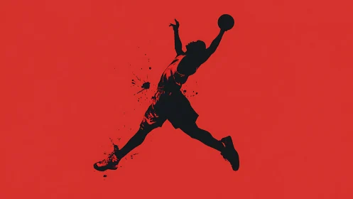 Silhouette of basketball player dunking on red field.